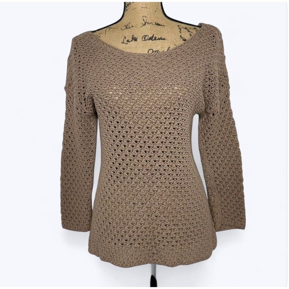 Old Navy Open Knit Crochet Sweater Sz‎ L Brown 100% Cotton Minimalist Clean Girl